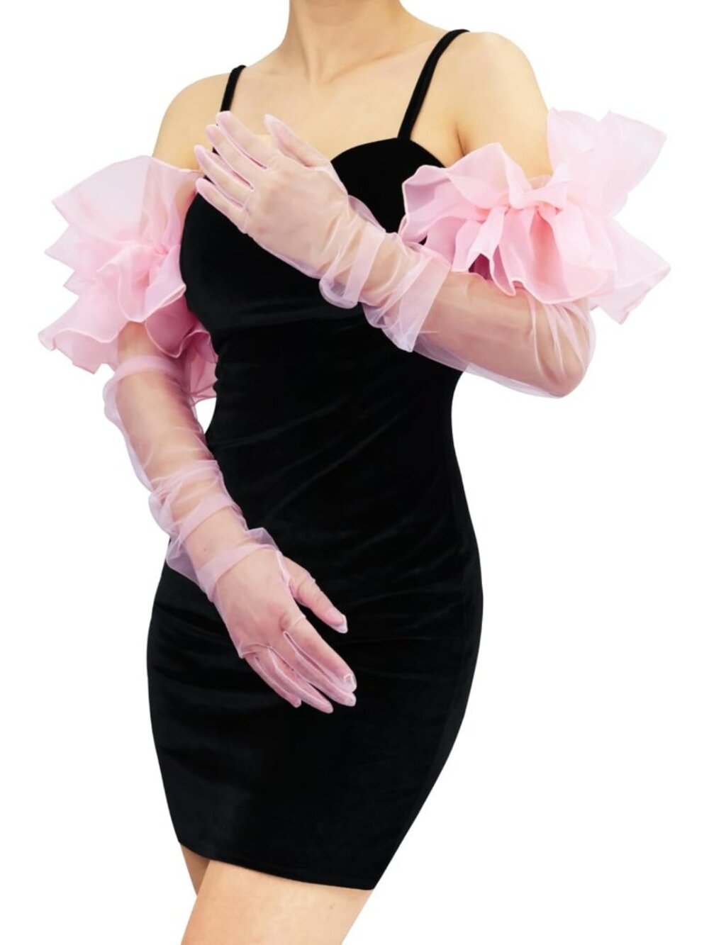Chic Oversized Sheer Long Tulle Mesh Gloves for Women - Elegant Fashion